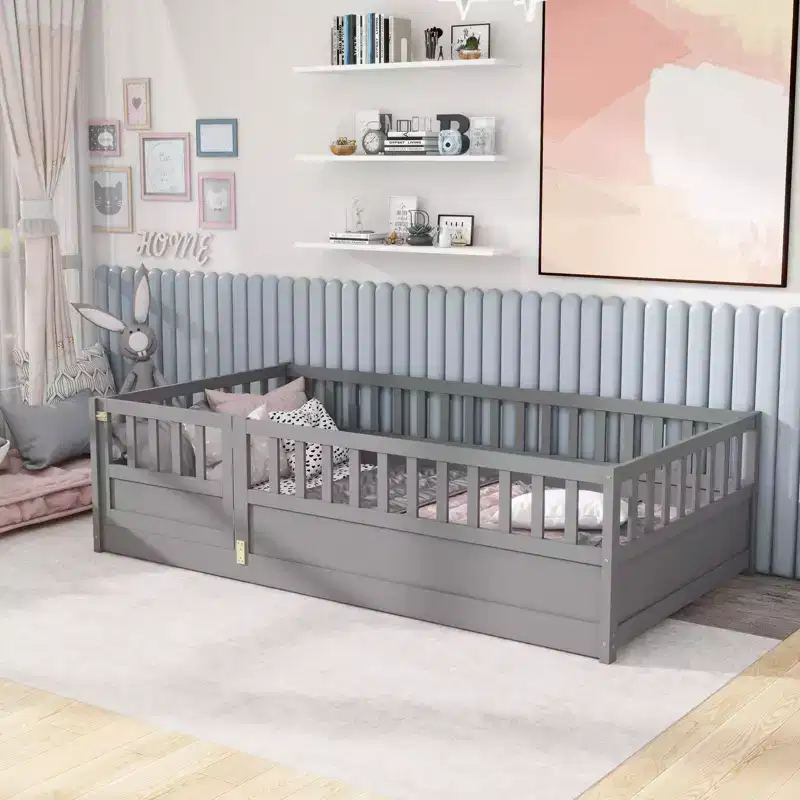 Twin Size Floor Beds for Kids,Wooden Toddler Bed with Fence&Door,Children's Floor Bed for Girls,Boys,Pine Wood,Gray