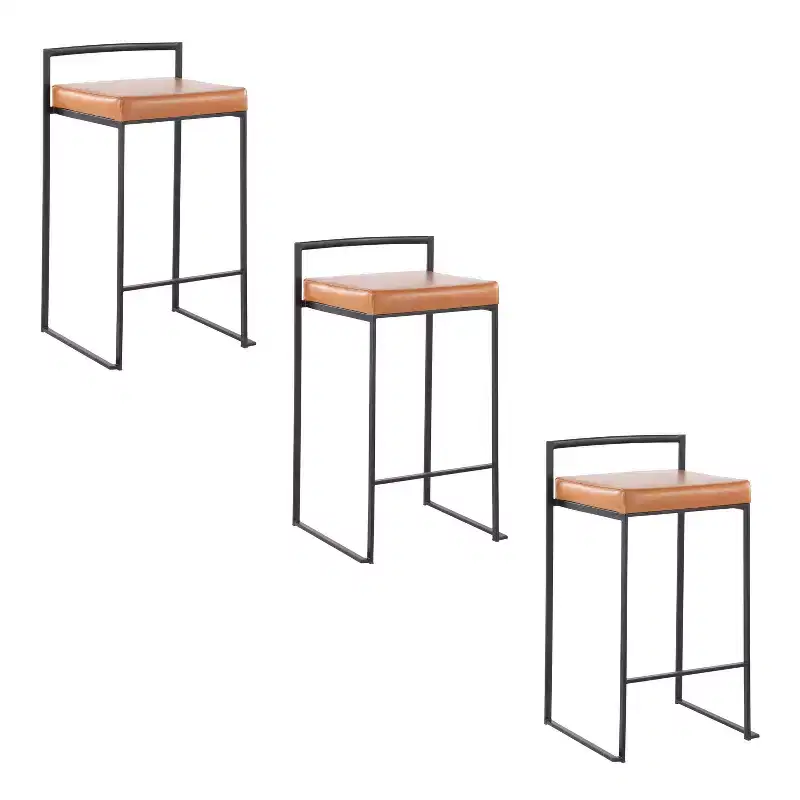 LumiSource Set of 3 Fuji Stacker Counter Height Barstools Black Metal/Camel PU