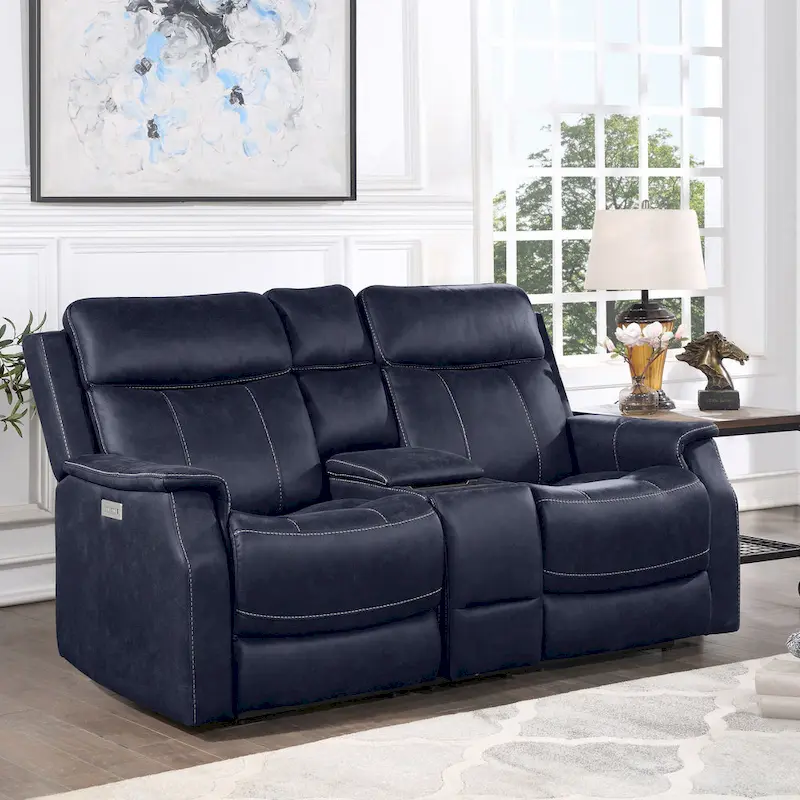 Ocean Blue / Walnut Brown Faux Leather Power Reclining Console Loveseat for 2