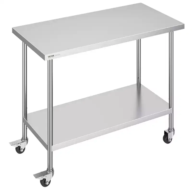 Stainless Steel Work Table 24 x 48 x 38 Inch with 4 Wheels and 3 Adjustable Height Levels, Silver