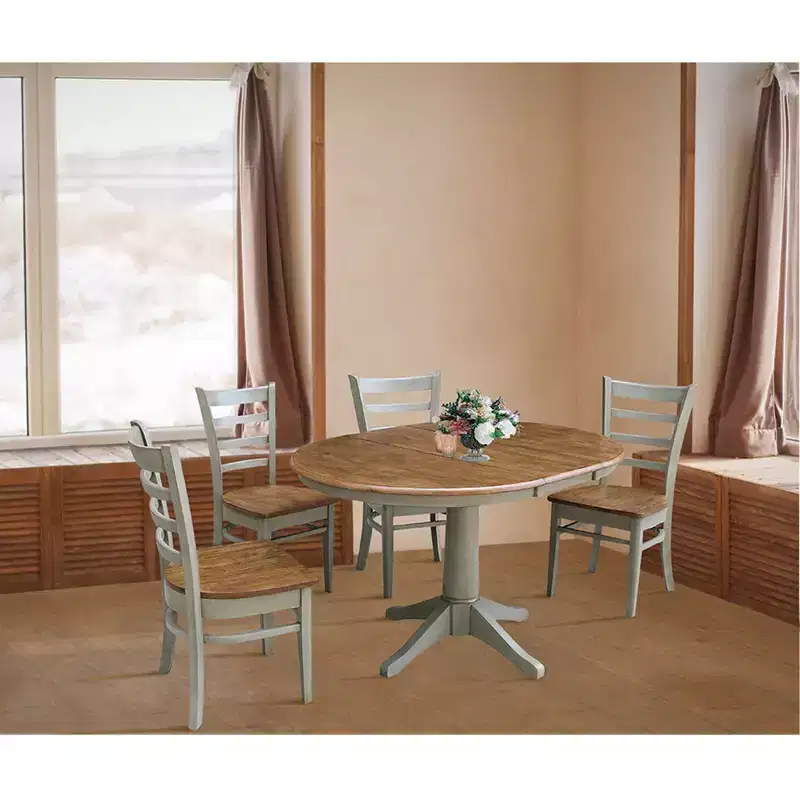 36" 4pc Lisa Round Extendable Dining Table with Emily Chairs Hickory Brown - International Concepts: Solid Wood, Mid-Century Modern, Pedestal Base