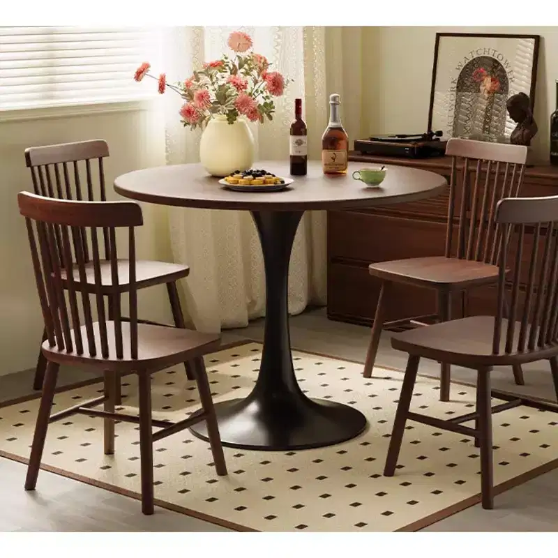MAYEERTY Modern Walnut Round Coffee Table MDF Top and Steel Base Tulip Round Kitchen Table