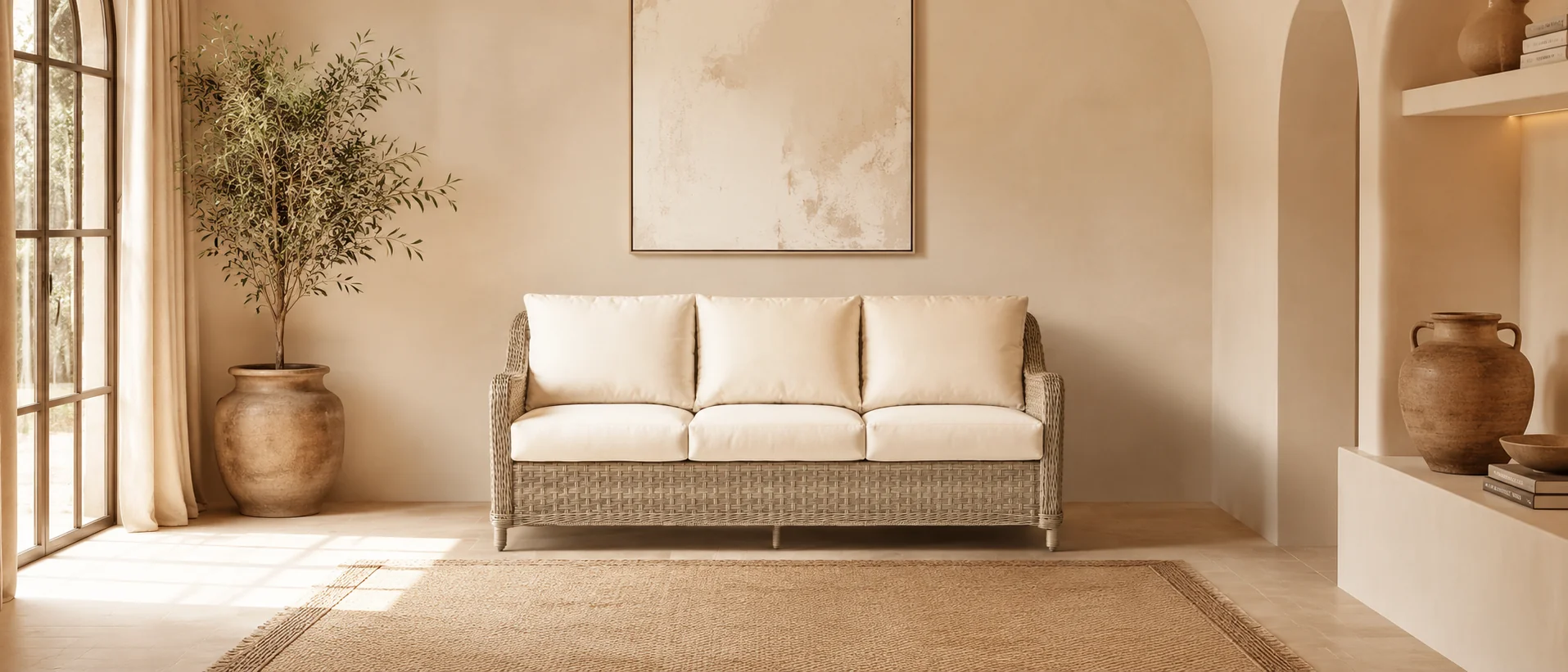 Outdoor Wicker Sofa Natural Brown with Beige Cushions