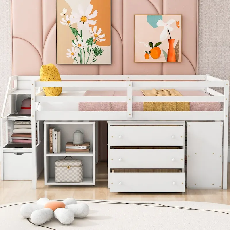 Full Size Loft Bed with Retractable Writing Desk and 3 Drawers