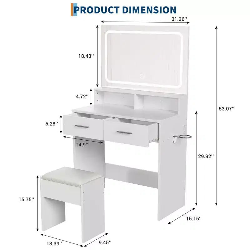 Acekool White Vanity Desk with Mirror Drawers and Stool