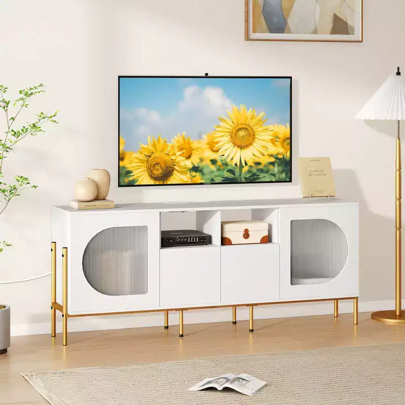 Costway TV Stand with Charging Station for 70 TVs, Fluted Doors & 2 Storage Drawers, White