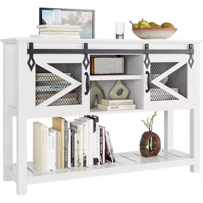 Farmhouse Entryway Table with Sliding Barn Doors,Rustic Console Table with Storage,Open Shelf & Metal Mesh Accents,Industrial Sofa Table for Hallway