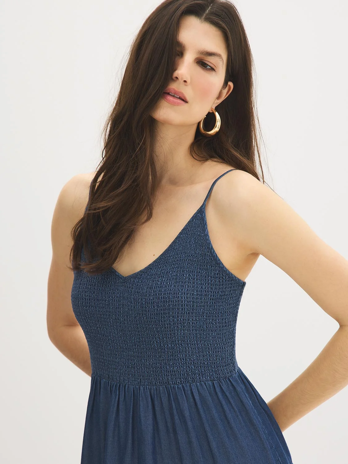 Smocked Tiered Denim Midi Dress