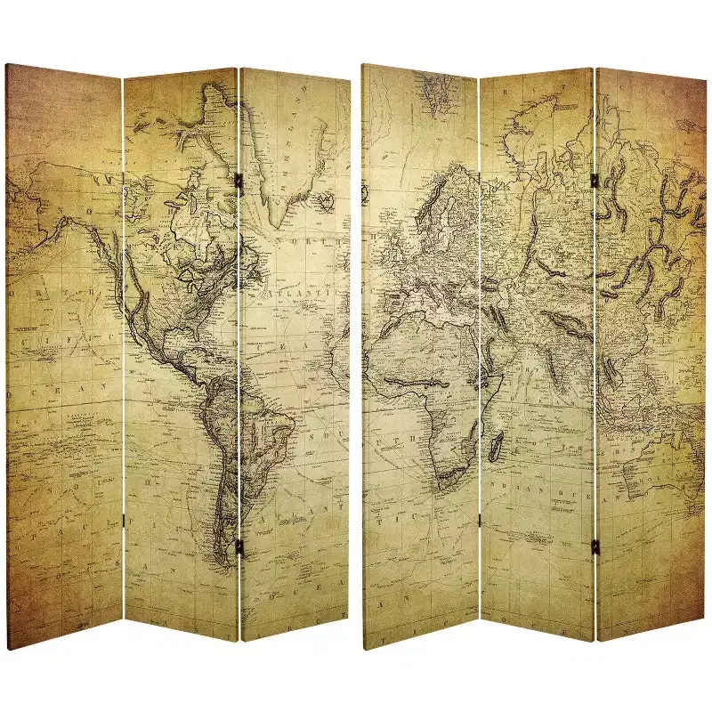 6" Double Sided Vintage World Map Canvas Room Divider Beige - Oriental Furniture: Spruce Wood Frame, No Assembly Required