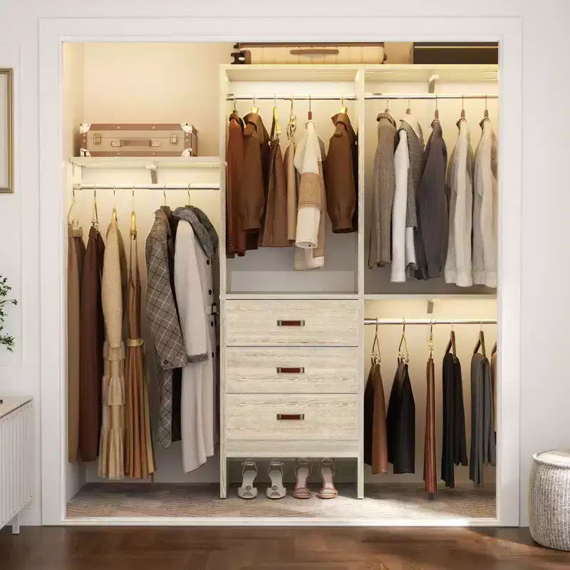 Besiost 5FT Closet Organizer System with Fabric Drawers, Closet Wardrobe with Hanging Rods