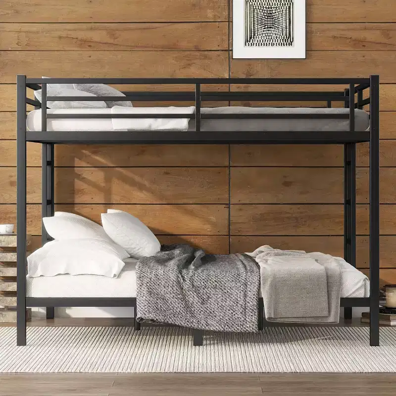 82.68IN Queen-Over-Queen Bunk Bed with Metal Frame, Space-Saving Twin Bed with Safety Guardrails, Noise Reduced Twin Bed for Teens, Adults, Black