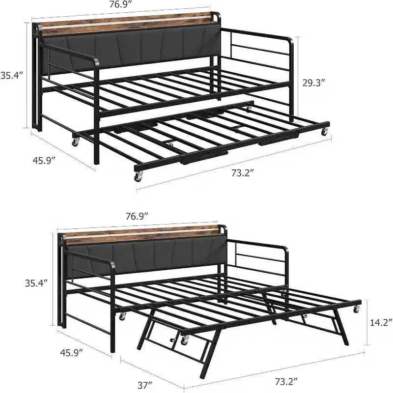 GustoWave Twin Daybed Frame with LED Lights Charging Station Storage Headboard, Pop Up Trundle