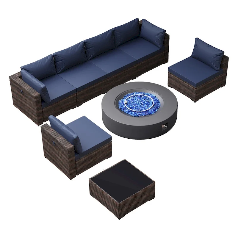 UPHA 8 Pieces Patio Furniture Set with 50,000 BTU Propane Fire Pit Table, Beige / Navy Blue Cushions
