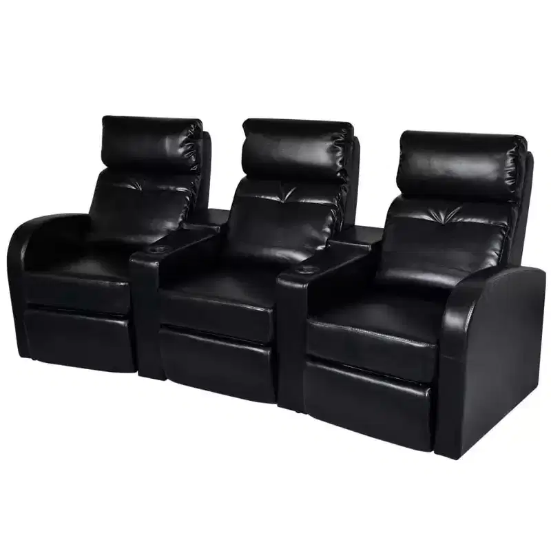 3-Seater Home Theater Recliner Sofa with Built-in Cup Holder - Black