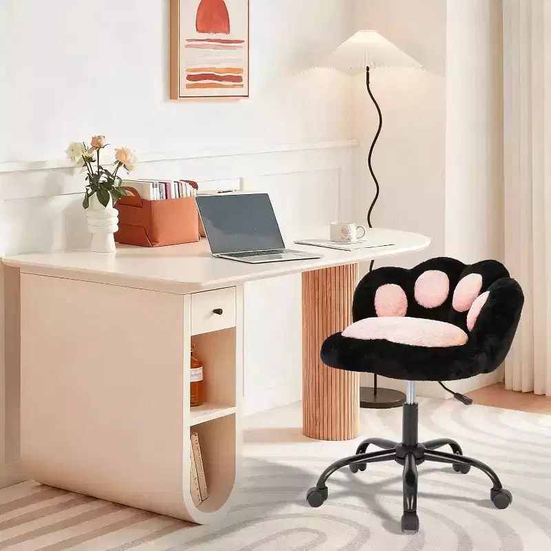 Cat Paw Vanity Chair with 360 Swivel, Plush Teddy Fabric Adjustable Height Office Chair for Desk, Black/White