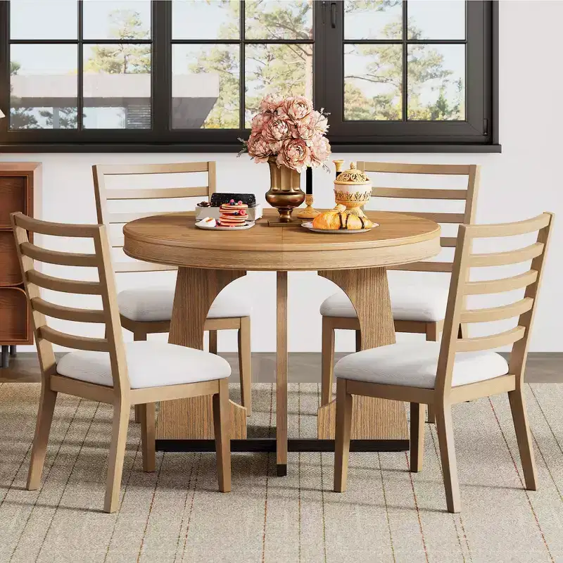 Whisen 5-Piece Retro Rustic Functional Dining Set with 1 Extendable Table and 4 Upholstered Chairs