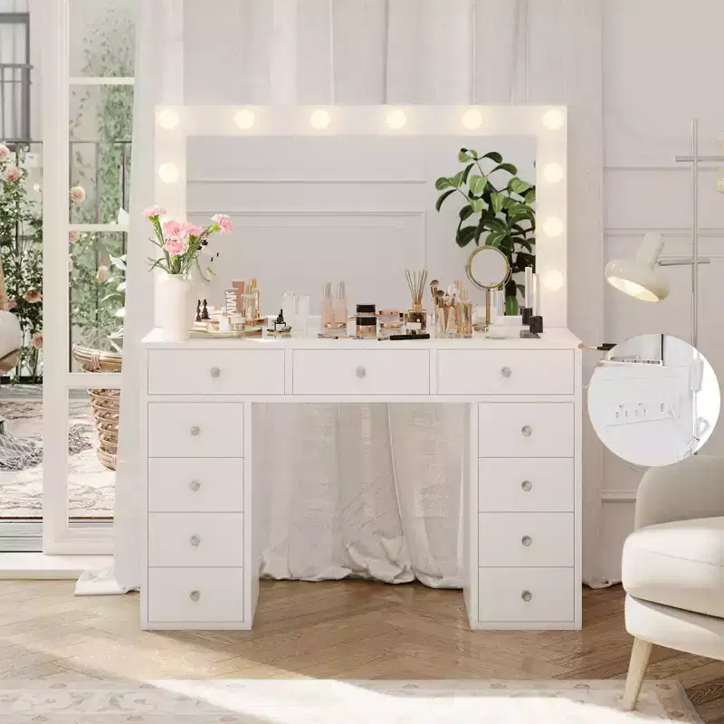 Vanity Desk with Mirror and LED Lights, White Makeup Vanity with 11 Drawers and a Power Strip, 3 Color Modes & Adjustable Brightness Dressing Table