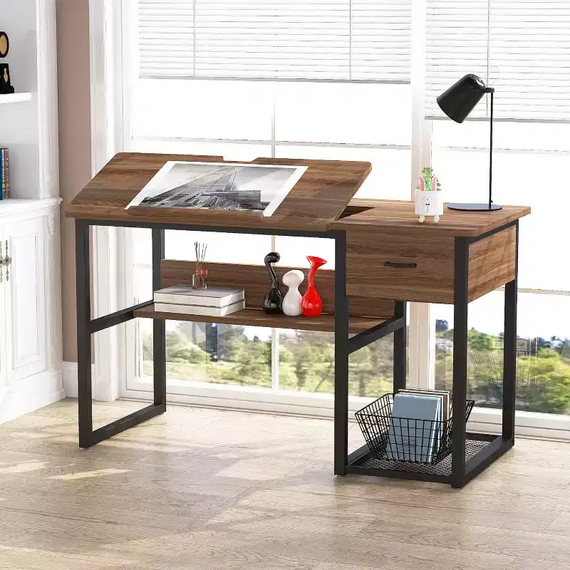 Lantine Premium Drafting Table with Storage Drawers, Drawing Artist Craft Table with Shelves and Tiltable Tabletop for Home Office