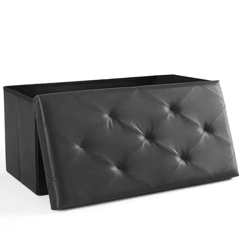 Modern Synthetic Leather Button Tufted Ottoman Bench with Foldable Storage, Upholstered Storage Bench for Living Room, Bedroom