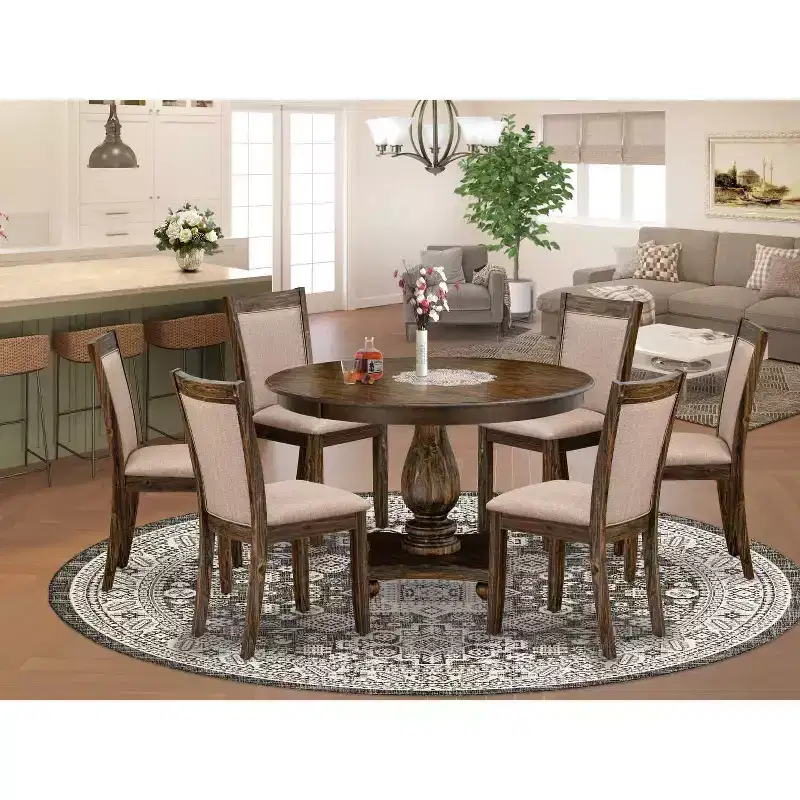HomeStock Belmont 7 Piece Dinner Table Set Includes a Dining Table , 6 Dark Khaki Linen Fabric Dining Chairs , High Back - Distressed Jacobean Finish
