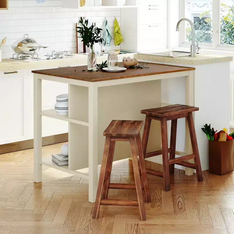 Whisen 45 Solid Wood Kitchen Island Set with 2 Seatings and 2 Shelves - Walnut Cream White