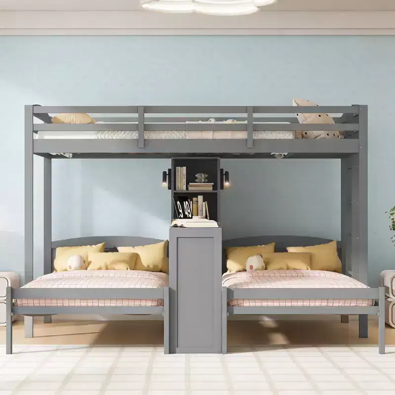 Luxystar Twin over Twin and Twin Bunk Bed with Built-in Desk, Bookcase and Lights