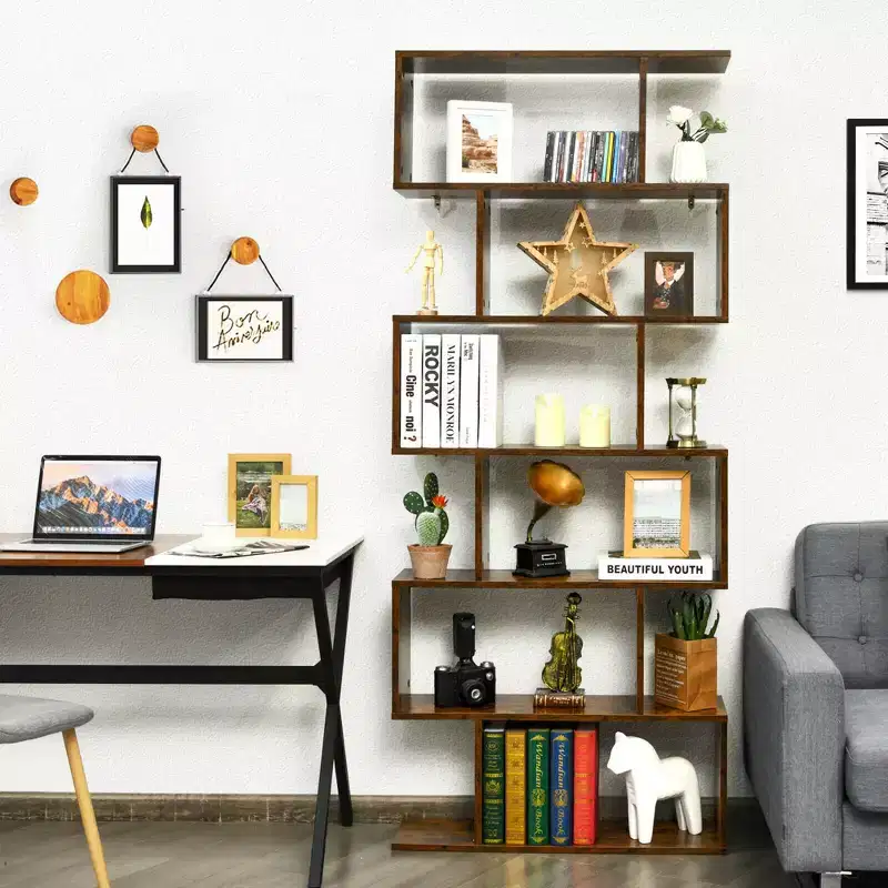 Costway 1/2 PCS 6 Tier S-Shaped Bookshelf Storage Display Bookcase Z-Shelf Coffee