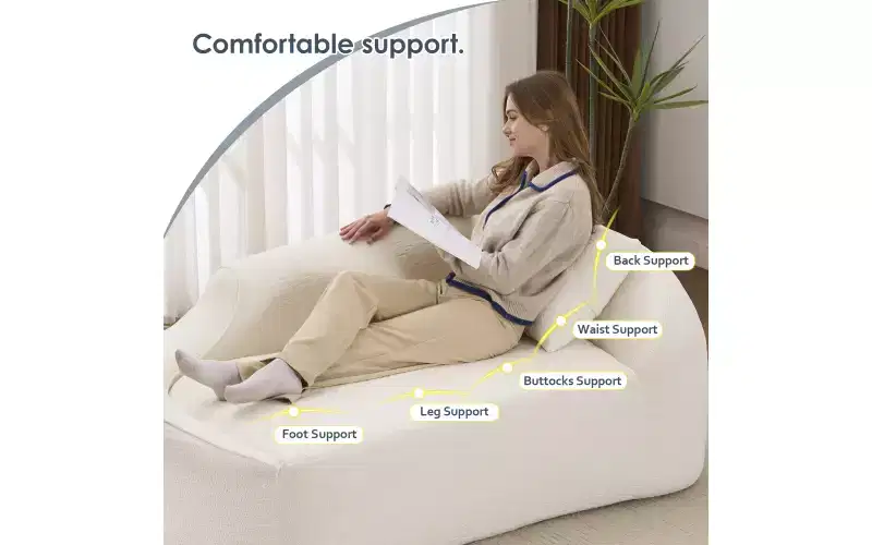 Compression Curved Chaise Longue, Modern Chenille Loveseat Couch with Deep Seat Sofa Bed, 1 Pillow - Milk White