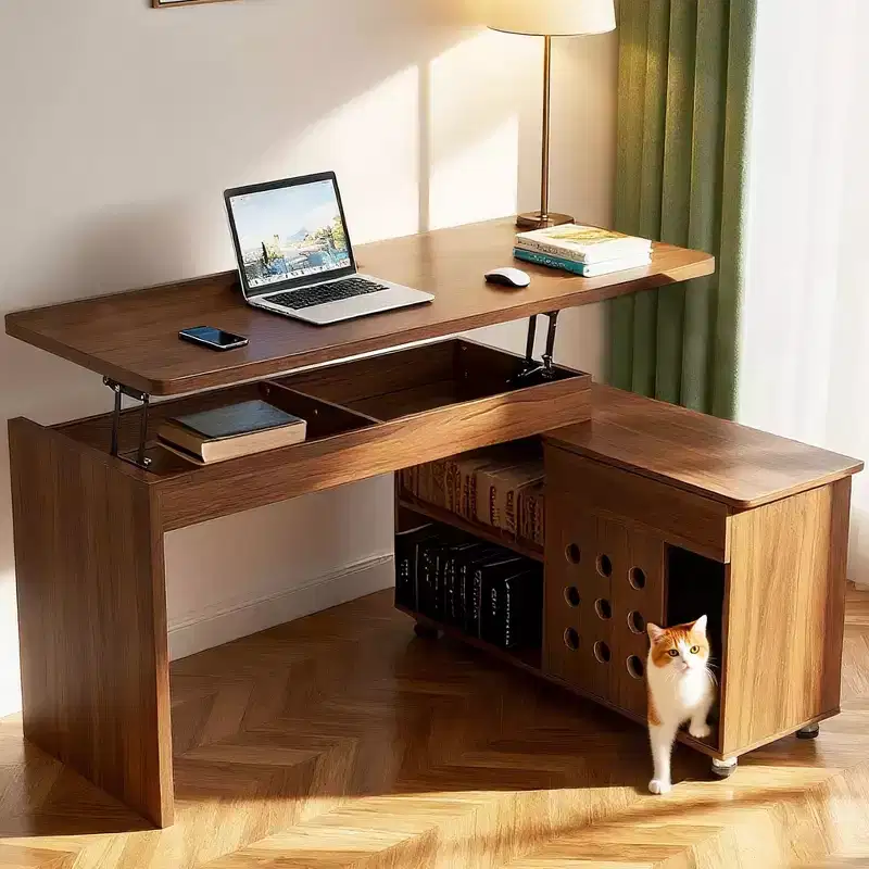 Okak 55.1IN Home Office Desks with Storage Shelves, L Shaped Desk with Adjustable Height, Folding Table for Living Room, Bedroom, Study, Walnut