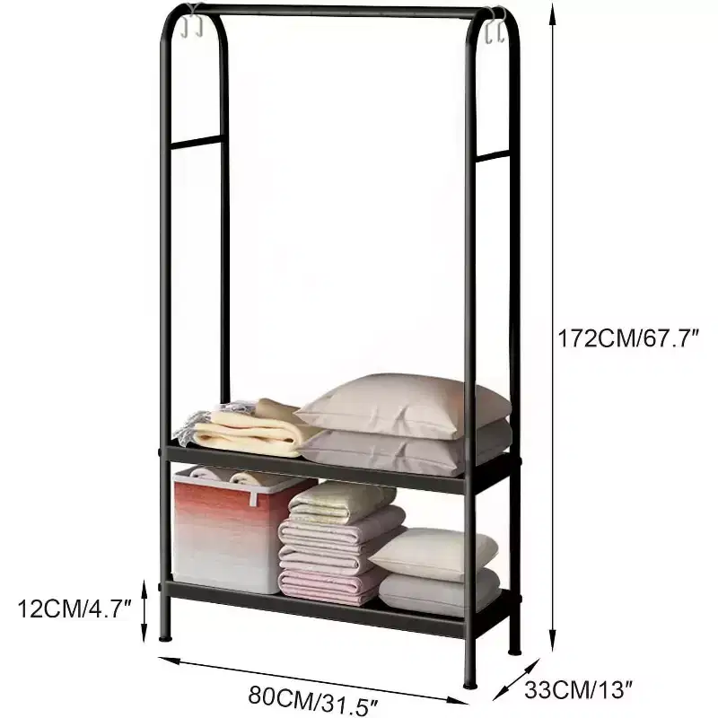 Heavy Duty Clothes Rack, Sturdy Freestanding Garment Hanger with 2 Shelves, Metal Coat Rack for Bedroom, Office or Living Room