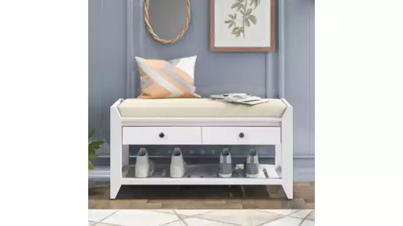 39''Storage Living Room Foot Rest with Cushion Seating and Storage Drawers,Multipurpose Shoe Bench with Bottom Shelf for Bedroom Living Room Hallway