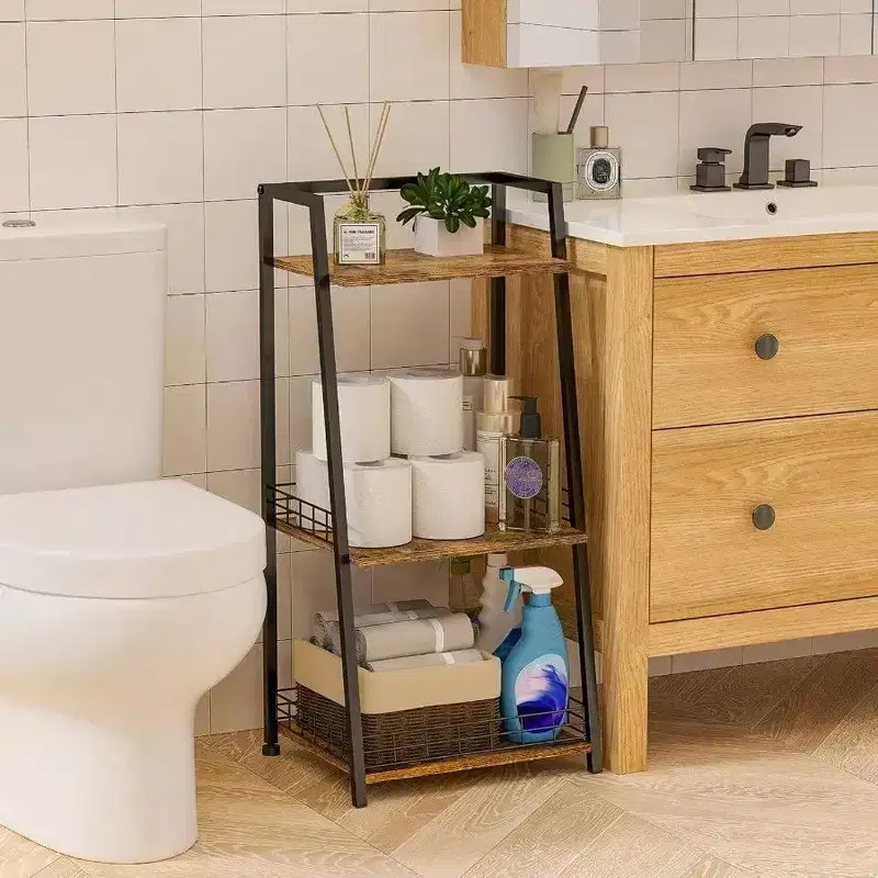 3 - Tier Bathroom Shelf with Fence Retro Organizer Wood and Metal Storage for Bathrooms Laundry Rooms Living Room