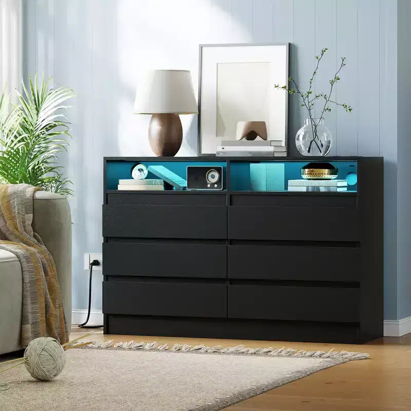 Modern 6-Drawer Dresser with Ambient Lighting, Storage Chest with Power Access, Floating Design Bedroom Dresser