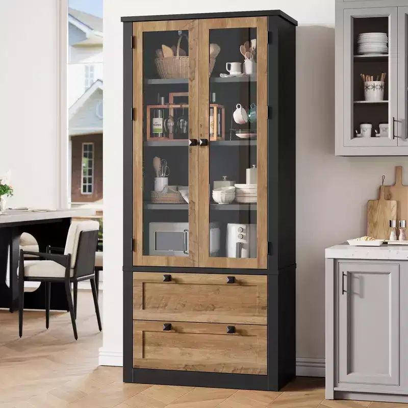 Kitchen Pantry Cabinet - Modern Display Storage Cabinet with 2 Large Drawers, Glass Doors, and Adjustable Shelves