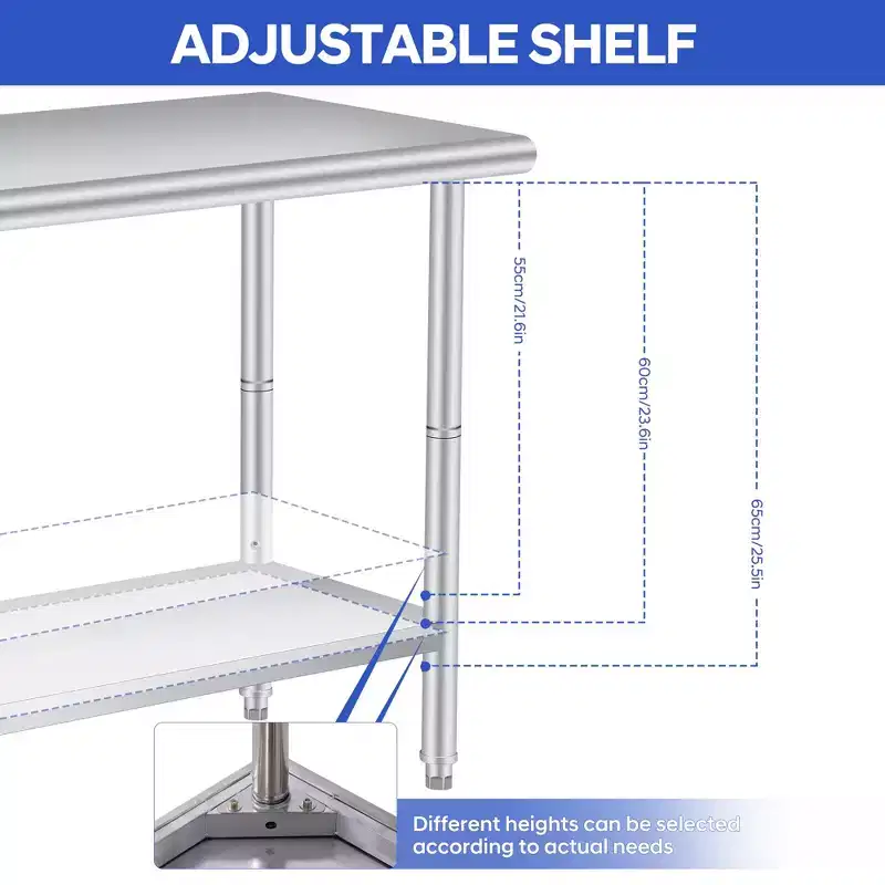 Stainless Steel Workbench, 2-Tier Commercial Kitchen Prep Table, with Shelves and Hooks, Heavy-Duty Workbench, Suitable for Restaurants and Garages