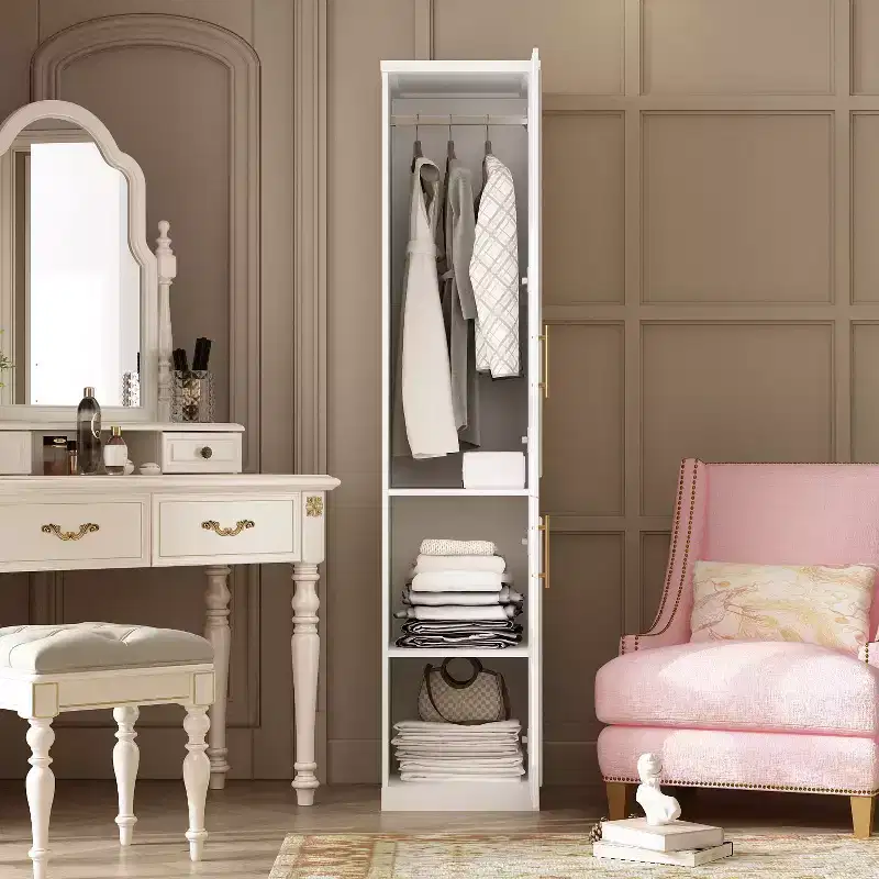 Famapy Luxe White Modular Wardrobe Armoire with Gold Hardware: Panelled Doors + Mixed-Door Design  Elegant Custom Closet for Bedrooms