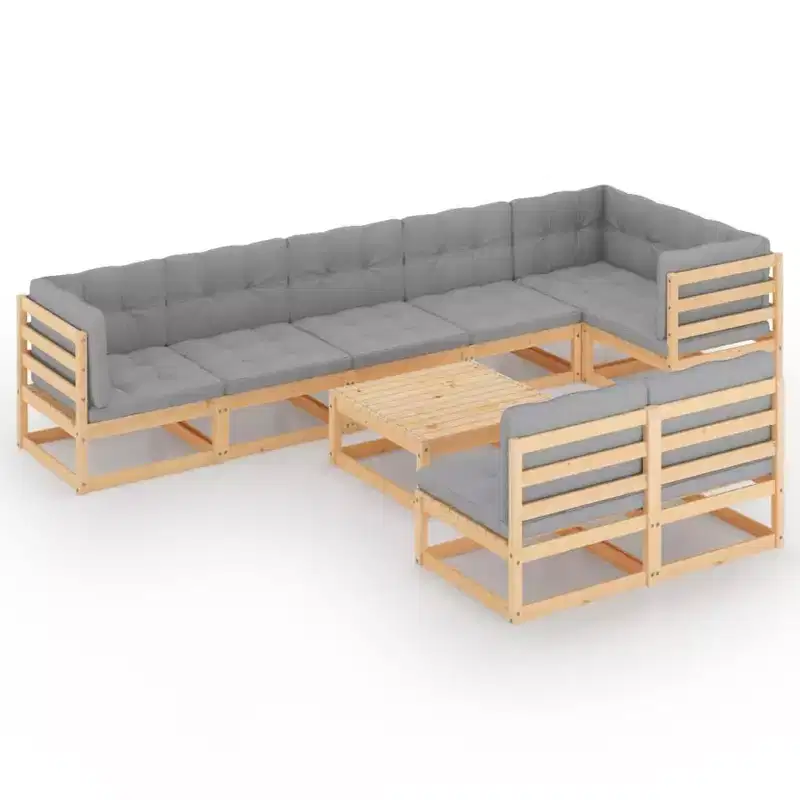 vidaXL Patio Furniture Set 9 Piece Outdoor Sectional Sofa Solid Wood Pine - Natural With Cushions