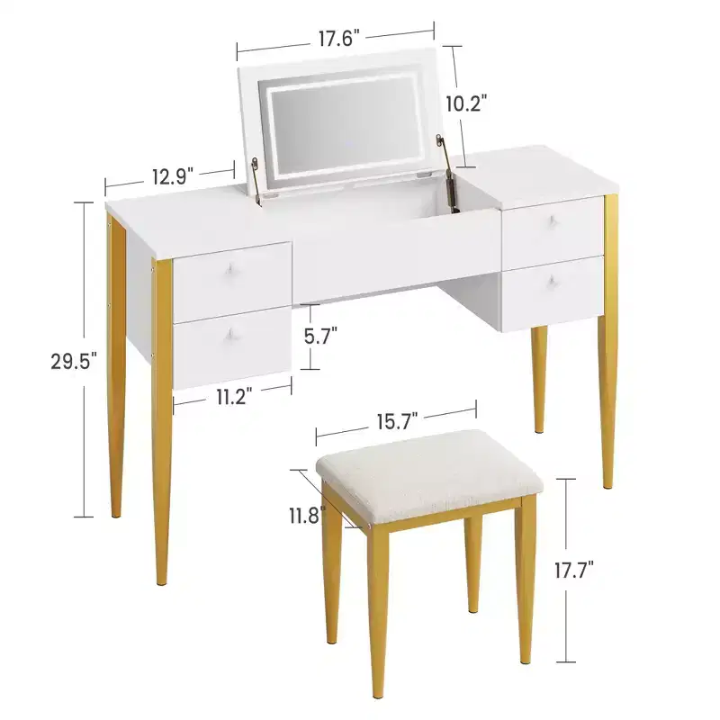 47 Makeup Vanity Desk with Flip Top Mirror, 3 Lighting Mode, 3 in 1 Vanity Table with 5 Drawers, Make Up Vanity with Chair for Bedroom