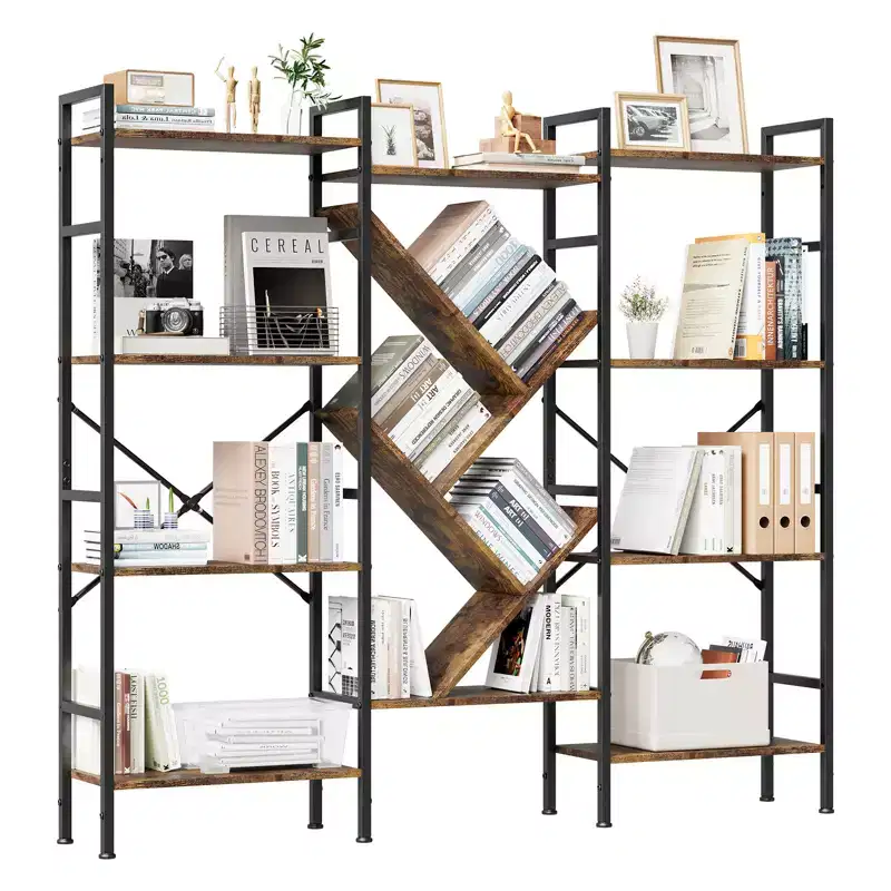 Triple 5-Tier Wide Bookcase, Rustic Wood Shelving Unit for Bedroom, Living Room & Office