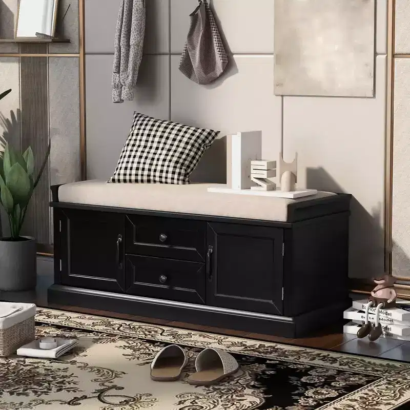 Black / Brown / Grey / Navy Blue / White Upholstered Storage Bench with Drawers & Cabinet, Solid Wood, 1-Person