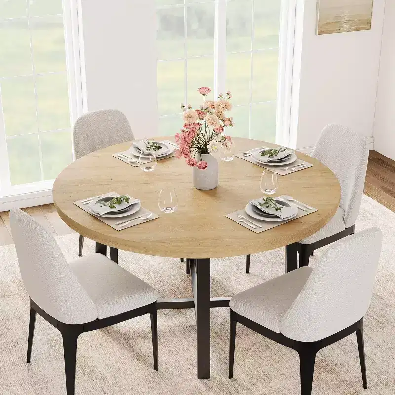 CuisinSmart 47.2 Round Dining Table, Industrial Dinner Table for 4 to 6, Wooden Kitchen Table with Sturdy Metal Frame & Rustic Finish