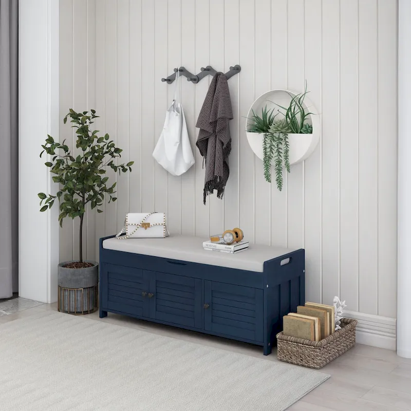 Wood Storage Bench with 3 Shutter-Shaped Doors and Flip-Open Storage Box, Entryway Shoe Bench with Adjustable Shelves