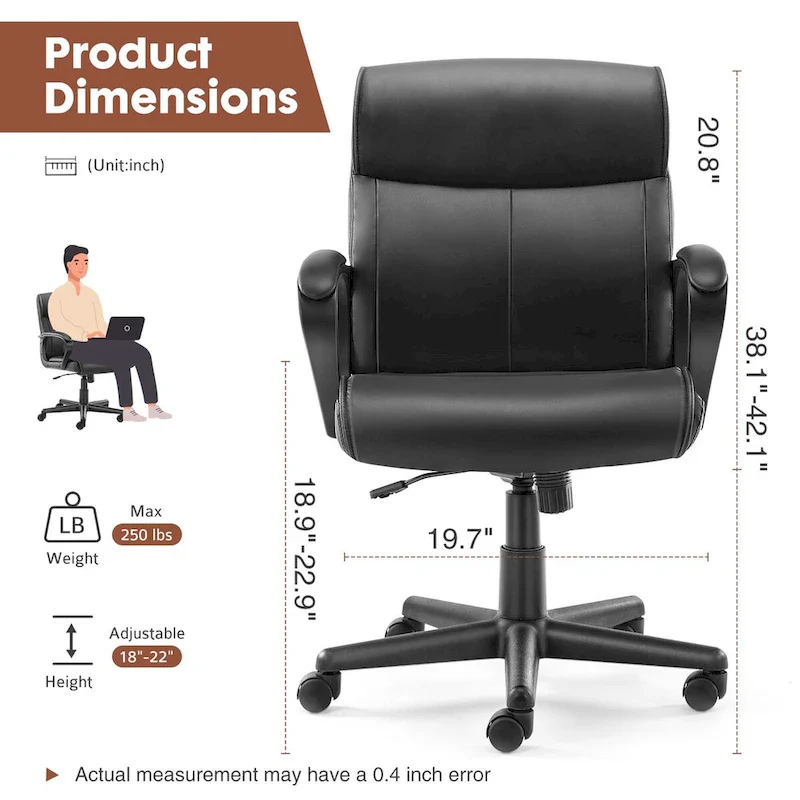 Adjustable Office Chair with Padded Armrests and PU Leather Seat