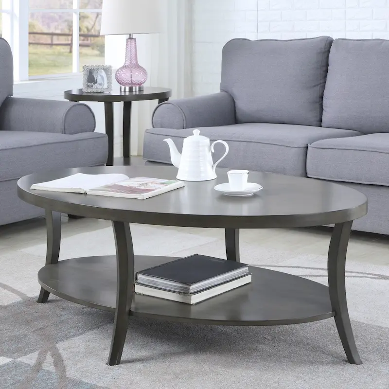 Wood Oval Coffee Table with Shelf