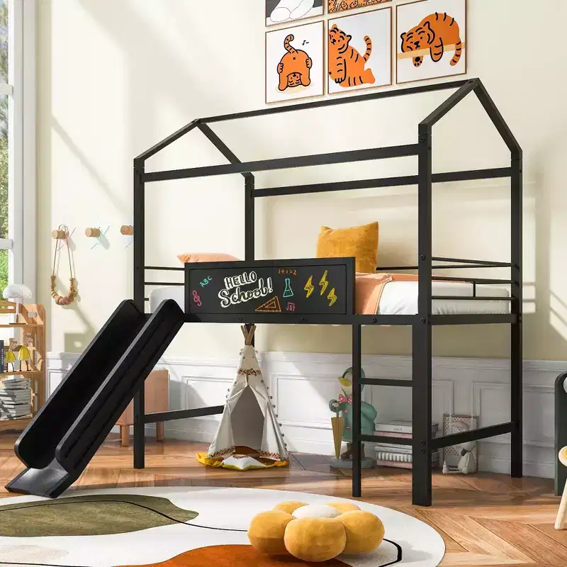 Bellemave Twin Metal House Loft Bed with Slide & Writable Board, Kids Playhouse Bed, Sturdy Metal Frame, Ladder, Fun Indoor Play, Black