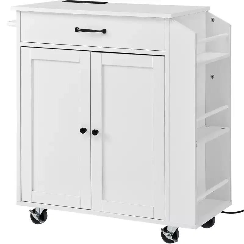 VEVOR Kitchen Island Cart, 32 Mobile Carts with Storage Cabinet, Rolling Table with Power Outlet, Spice Rack, Towel Bar, Adjustable Shelf, White