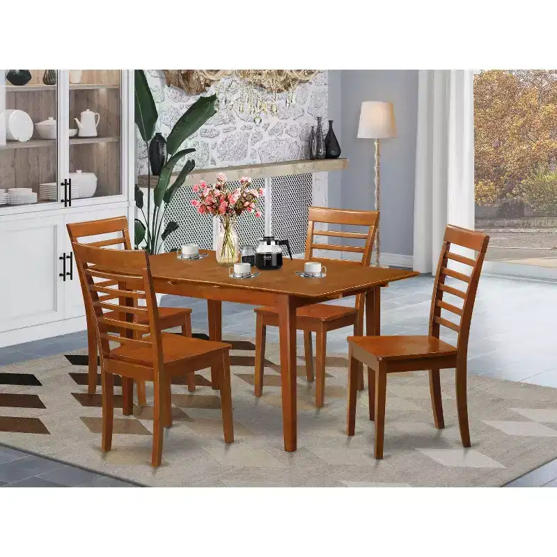 HomeStock 5-Pc Saddle Brown Finish Solid Wood Top - Dining Room Set - Seats 4