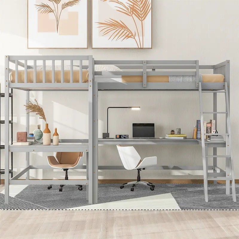 Twin L-Shaped Loft Bed with 2 Built-in Desks and Ladder, Solid Wood, Study Bedroom
