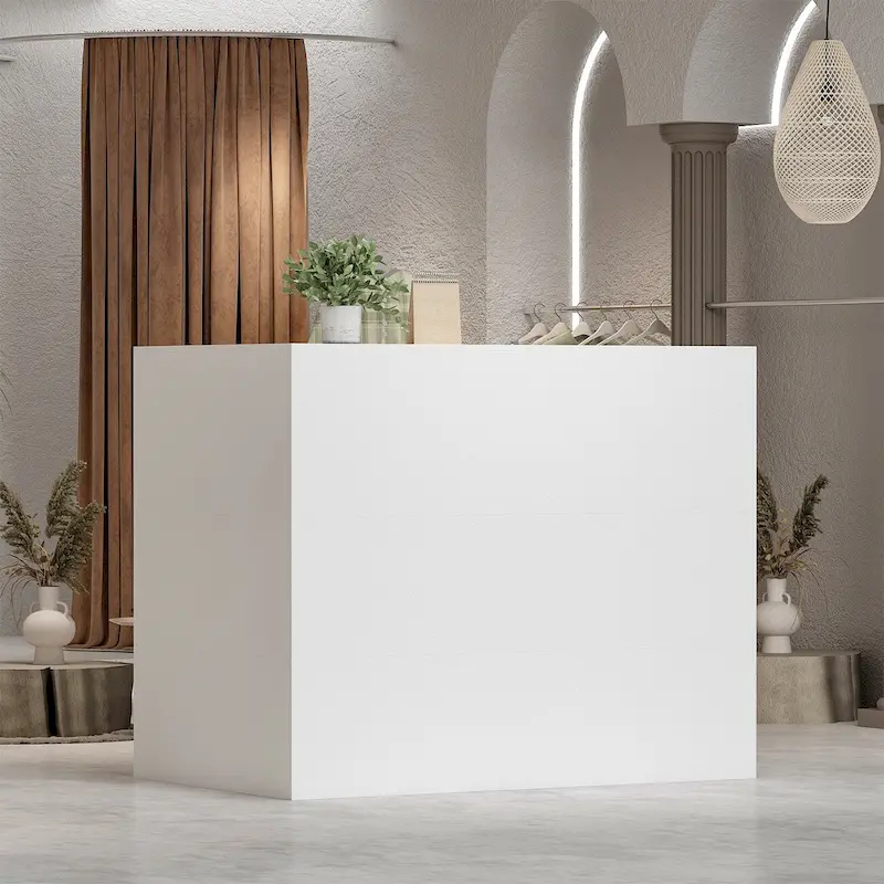 L-Shape Wood Reception Desk with Locking Drawer & Storage Shelves