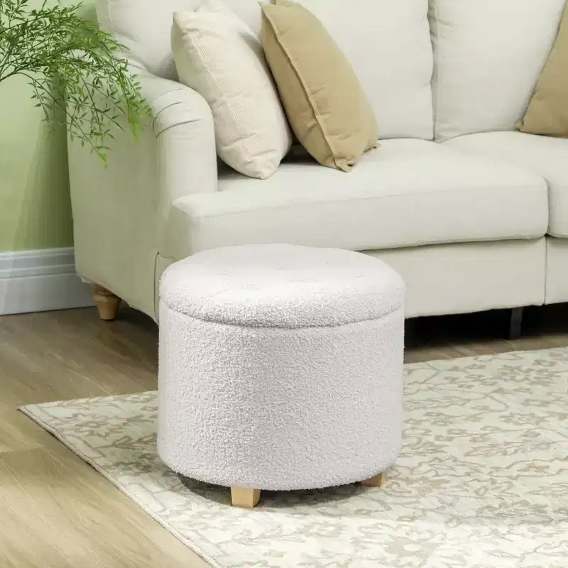 18 Round Ottoman with Storage, Teddy Fleece Button Tufted Foot Stool with Lid Legs for Living Room Hallway